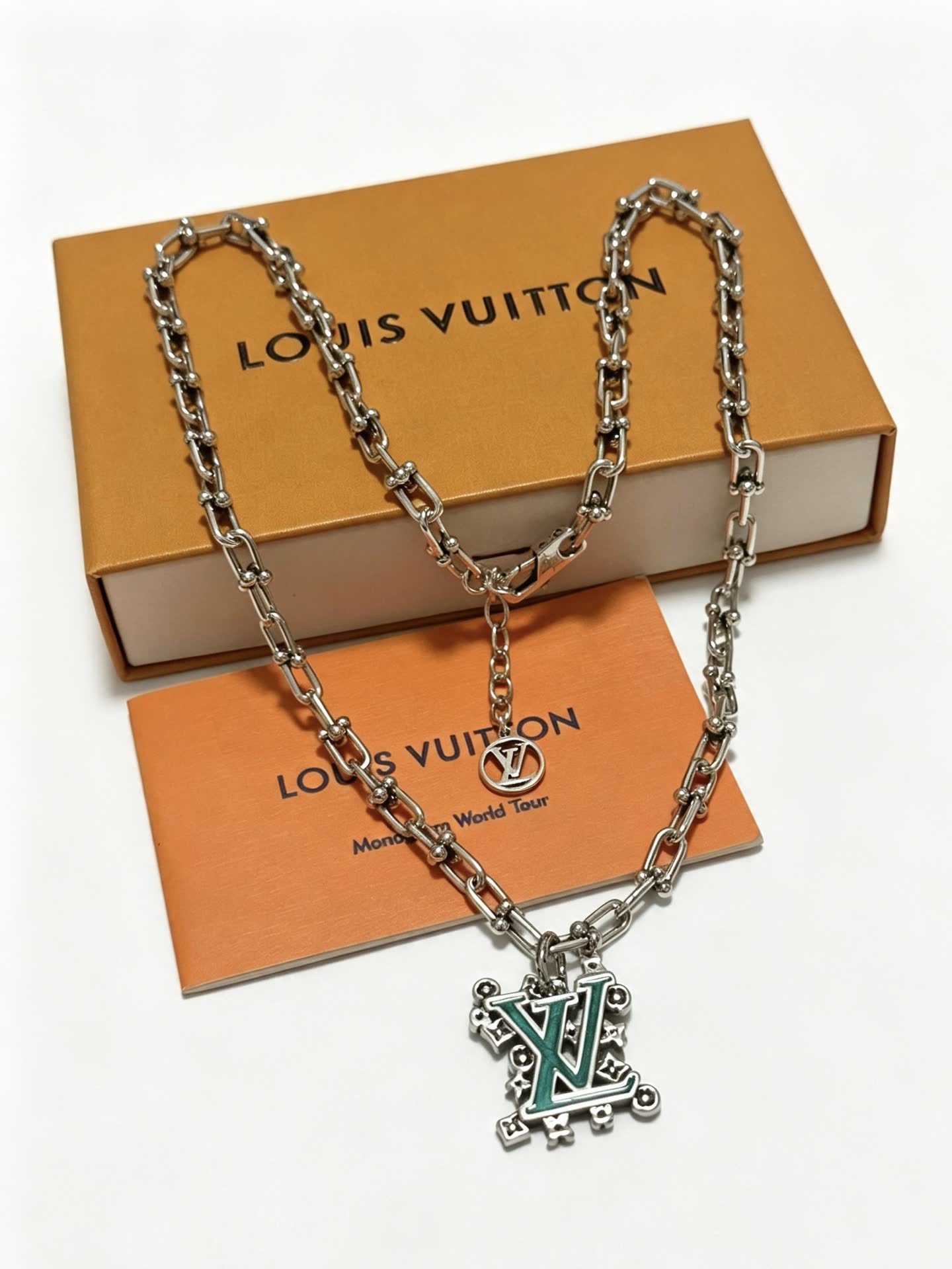 Louis Vuitton Silver Tone Chain Necklace with LV Pendant